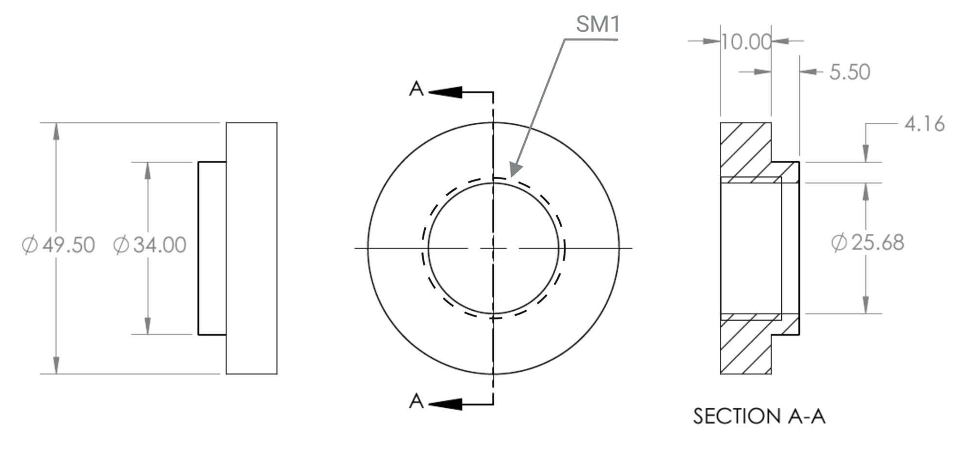 Dimensioned engineering drawing of the custom microscope camera-port adapter, with front, side, and section A-A views and an SM1 thread callout